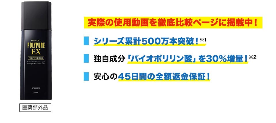 実際の使用動画を徹底比較ページに掲載中！ 累計400万本突破！ 独自成分「バイオポリリン酸」を30％増量！※2 安心の45日間の全額返金保証！