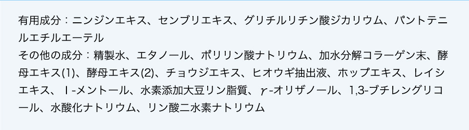 ニンジンエキス、センブリエキス、グリチルリチン酸ジカリウム、パントテニルエチルエーテルその他の成分：精製水、エタノール、ポリリン酸ナトリウム、加水分解コラーゲン末、酵母エキス(1)、酵母エキス(2)、チョウジエキス、ヒオウギ抽出液、ホップエキス、レイシエキス、ｌ-メントール、水素添加大豆リン脂質、γ-オリザノール、1,3-ブチレングリコール、水酸化ナトリウム、リン酸二水素ナトリウム