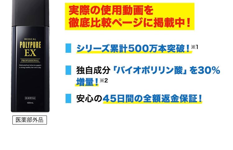 実際の使用動画を徹底比較ページに掲載中！ 累計400万本突破！ 独自成分「バイオポリリン酸」を30％増量！※2 安心の45日間の全額返金保証！