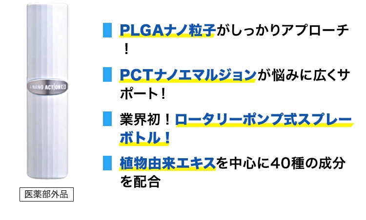 ・PLGAナノ粒子がしっかりアプローチ！・PCTナノエマルジョンが悩みに広くサポート！・業界初！ロータリーポンプ式スプレーボトル！・植物由来エキスを中心に40種の成分を配合