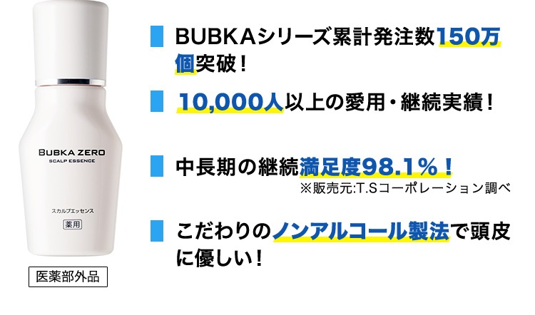 ・BUBKAシリーズ累計発注数150万個突破！・１0,000人以上の愛用・継続実績！・中長期の継続満足度98.1%！※販売元:T.Sコーポレーション調べ・こだわりのノンアルコール製法で頭皮に優しい！