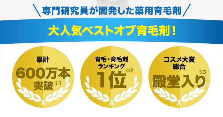 専門研究員が開発した薬用育毛剤 大人気ベストオブ育毛剤！累計400万本突破※1 育毛・育毛剤ランキング1位※2 コスメ大賞総合 殿堂入り※3