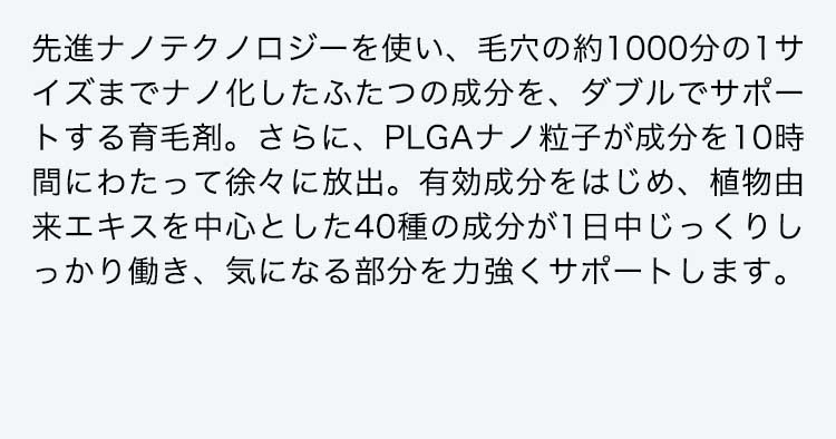 先進ナノテクノロジーを使い、毛穴の約1000分の1サイズまでナノ化したふたつの成分を、ダブルでサポートする育毛剤。さらに、PLGAナノ粒子が成分を10時間にわたって徐々に放出。有効成分をはじめ、植物由来エキスを中心とした40種の成分が1日中じっくりしっかり働き、気になる部分を力強くサポートします。その実力は、実際に使った人の約91.8％が「使い続けたい」と答えるほど！