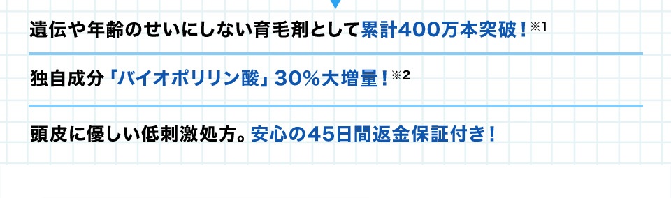 ・遺伝や年齢のせいにしない育毛剤として累計400万本突破！※1 ・独自成分「バイオポリリン酸」30％大増量！※2  ・頭皮に優しい低刺激処方。安心の45日間返金保証付き！