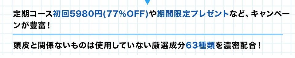 ・定期コース初回5,980円(77％OFF)や期間限定プレゼントなど、キャンペーンが豊富！・頭皮と関係ないものは使用していない厳選成分全63種類を濃密配合！