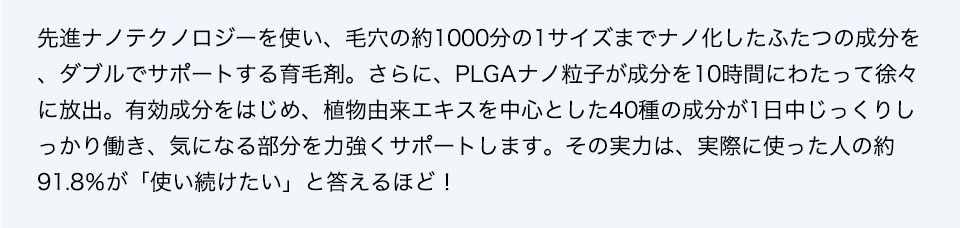 先進ナノテクノロジーを使い、毛穴の約1000分の1サイズまでナノ化したふたつの成分を、ダブルでサポートする育毛剤。さらに、PLGAナノ粒子が成分を10時間にわたって徐々に放出。有効成分をはじめ、植物由来エキスを中心とした40種の成分が1日中じっくりしっかり働き、気になる部分を力強くサポートします。その実力は、実際に使った人の約91.8％が「使い続けたい」と答えるほど！